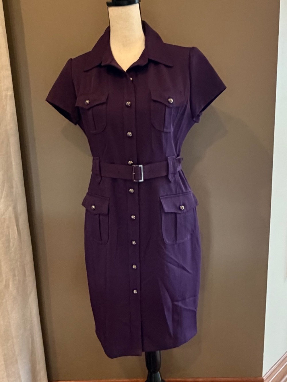 Sweet Women's Royal Purple Button Down Belted Cap Sleeve Dress, Size 8